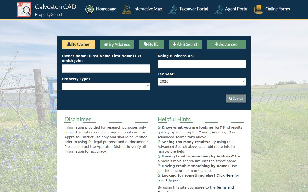 Galveston residents directory GCAD owner and parcel search fields