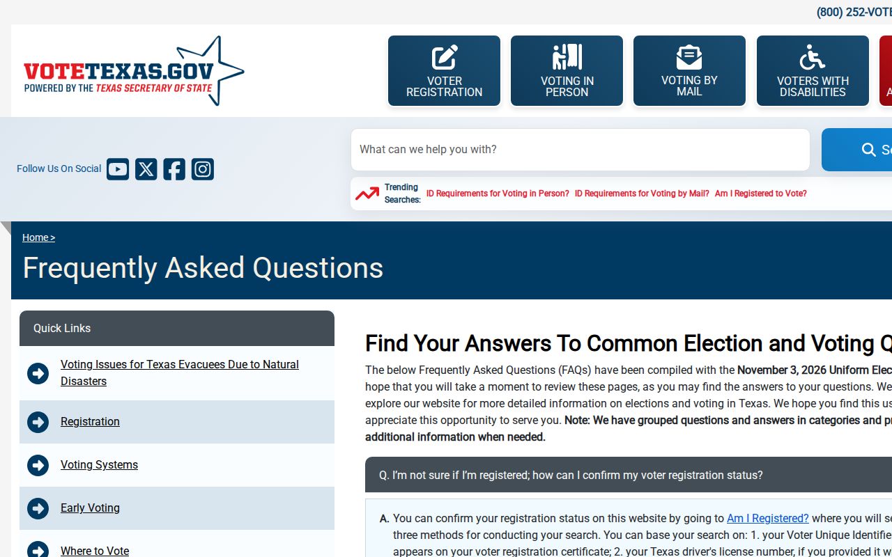 Galveston residents directory VoteTexas voter status guidance