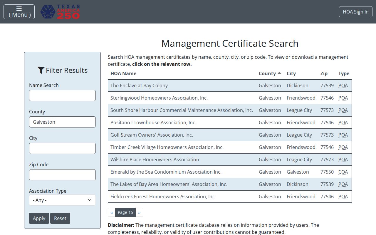 Galveston neighbors HOA and COA certificate search for Galveston County