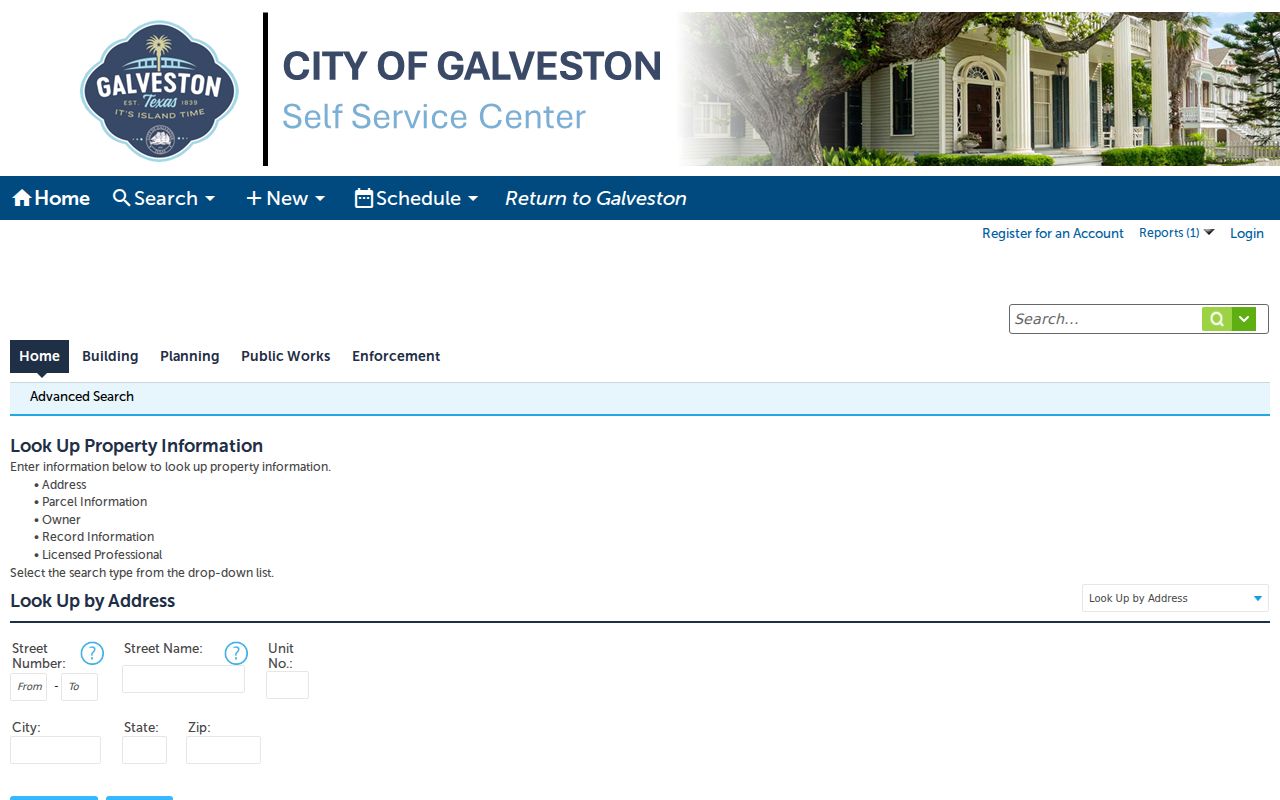 Galveston street directory address search in the City Accela property lookup