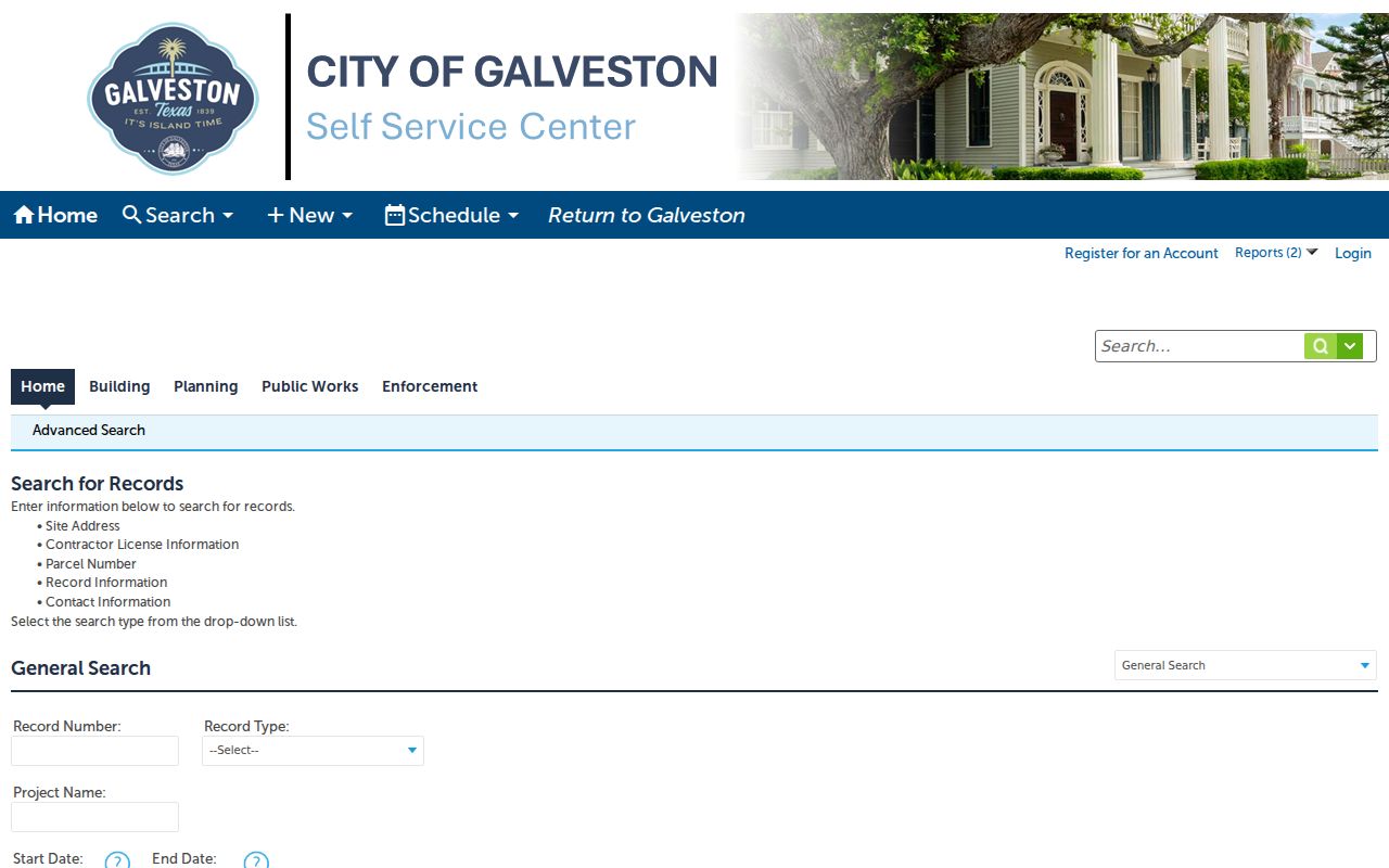 Galveston ZIP code directory planning search fields in City Accela